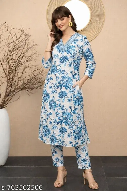 Viscose Rayon Printed Kurta With Paint Set for Women, Blue (S)