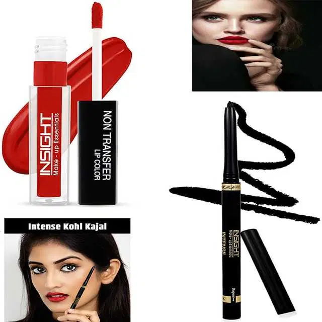 Insight Non Transfer Waterproof Smudgeproof Long Wear Red Lip Color & 24 Hr Waterproof No Smudge 4X Intense Black Kohl Kajal, IS-02