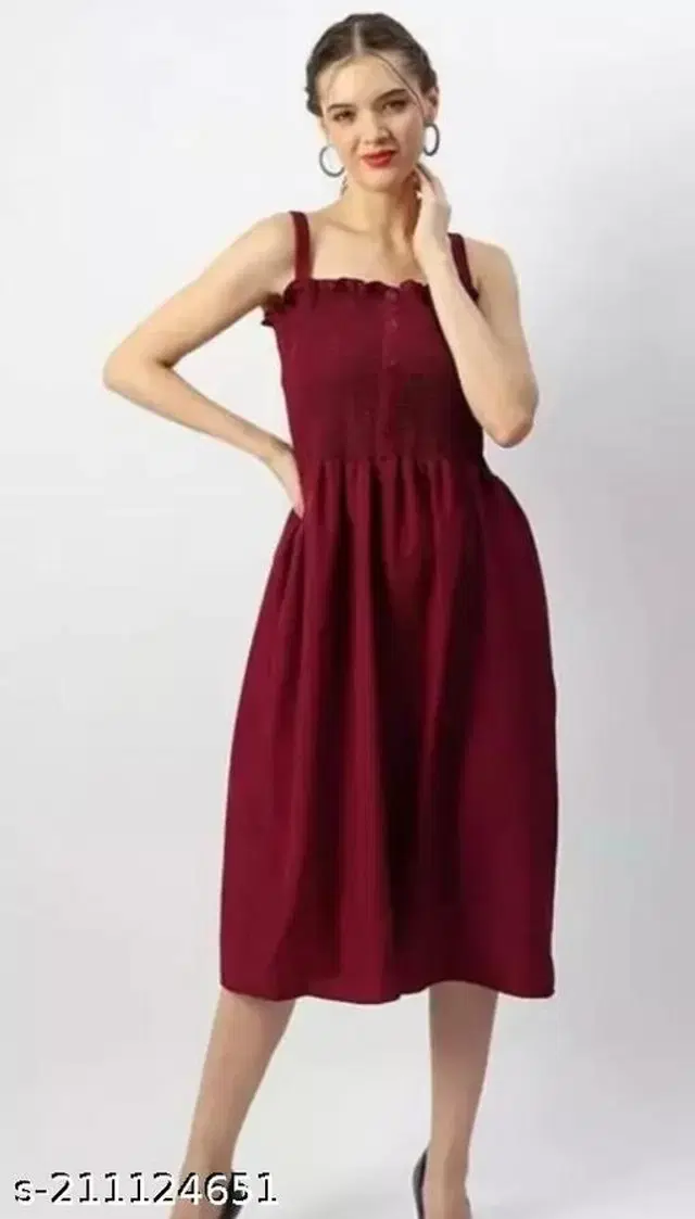 Poly Crepe Solid Dress for Women (Maroon, M)