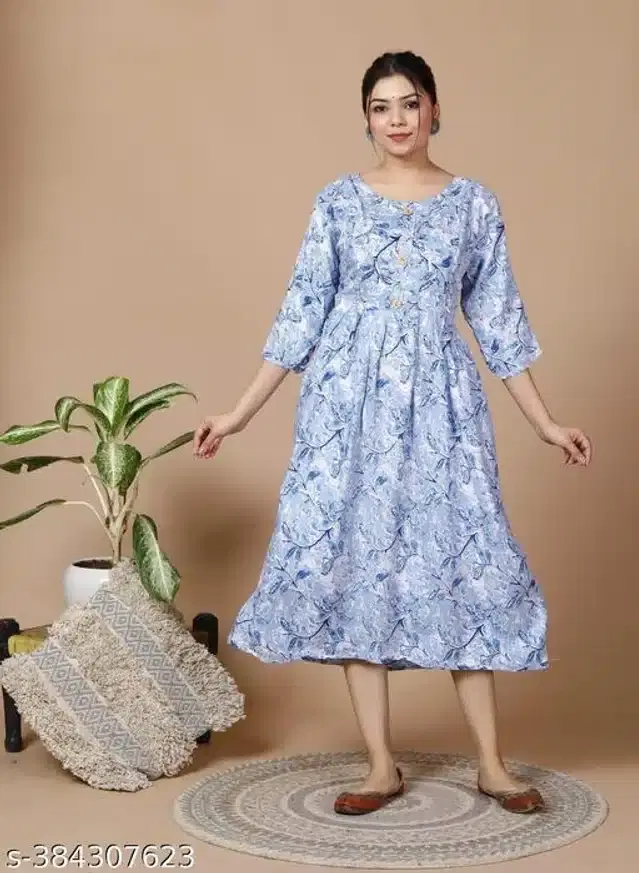 Rayon Printed Fidding Kurti for Women (Blue, M)