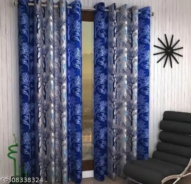 Polyester Door Curtains, Blue, 7 Feet, Pack of 2