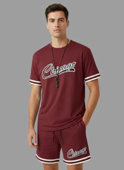 Polyester Chicago Printed T-shirt With Matching Shorts, Wine (S)
