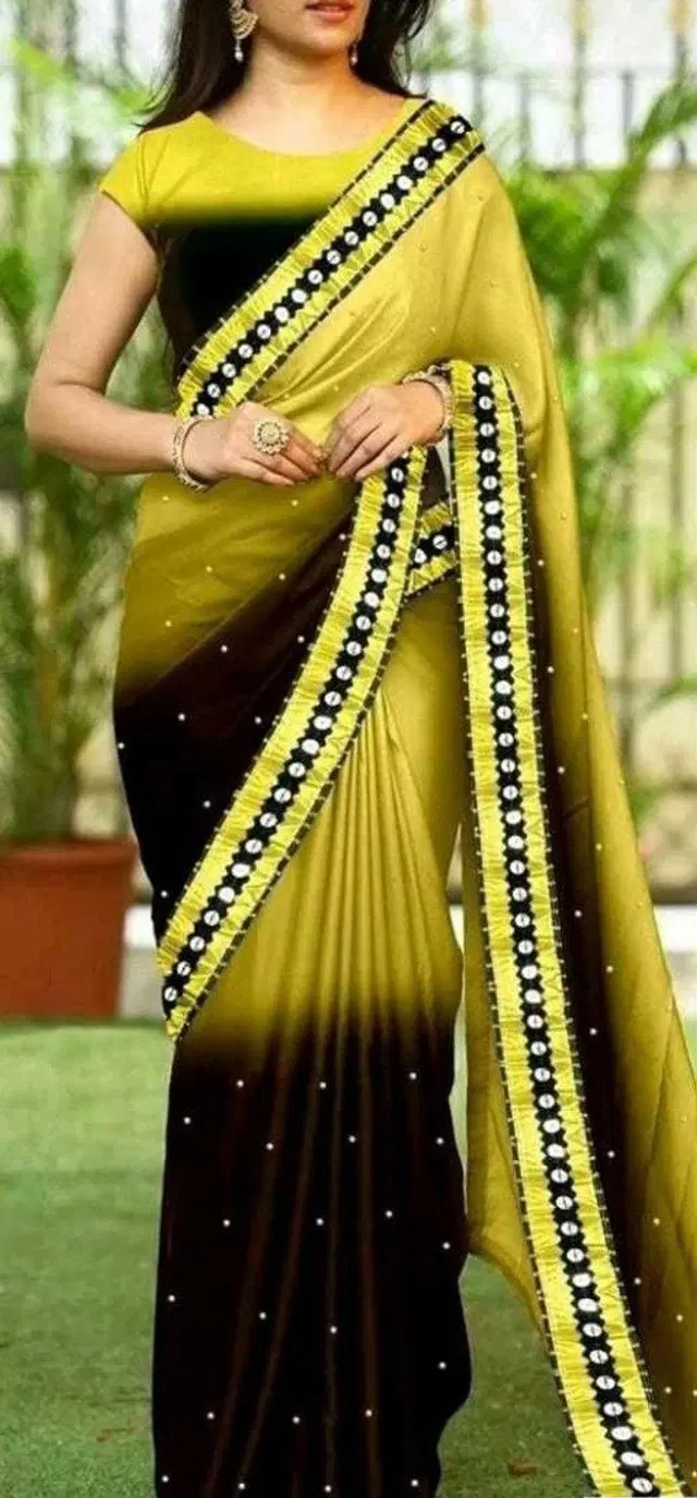 Georgette Solid Saree for Women (Yellow & Black, 6.3 m)
