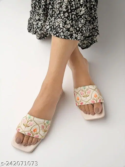 Woven Design Open Toe T- Strap Flats for Women (Cream, IND-3)