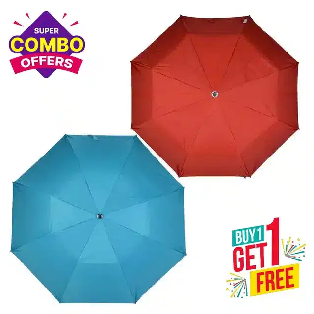 Solid Umbrella for Unisex, Red & Sky Blue, Pack of 2