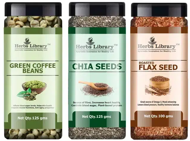 Herbs Library Green Coffee Beans, Chia Seeds and Roasted Flax Seeds, Pack of 3, 125 g