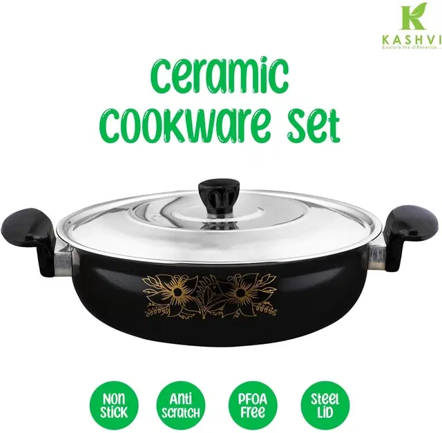 Cast Iron Kadai with Lid, Black & Silver, 28 cm