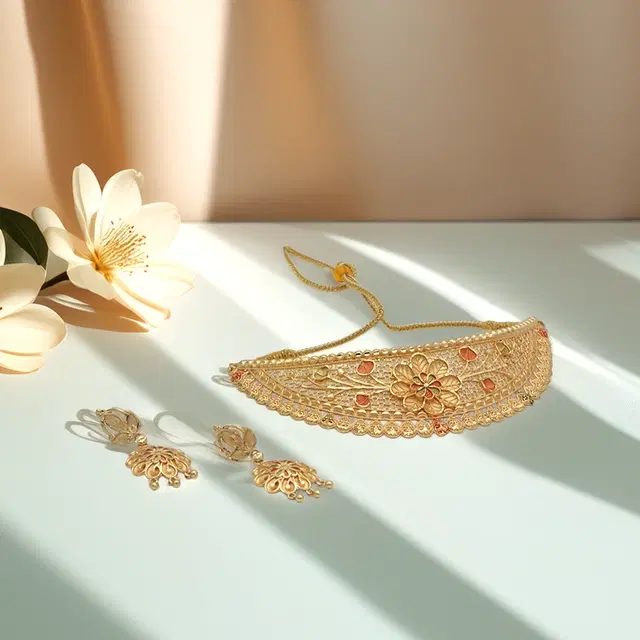 Gold Plated Necklace with Earrings Set for Women, Gold (Set of 1)