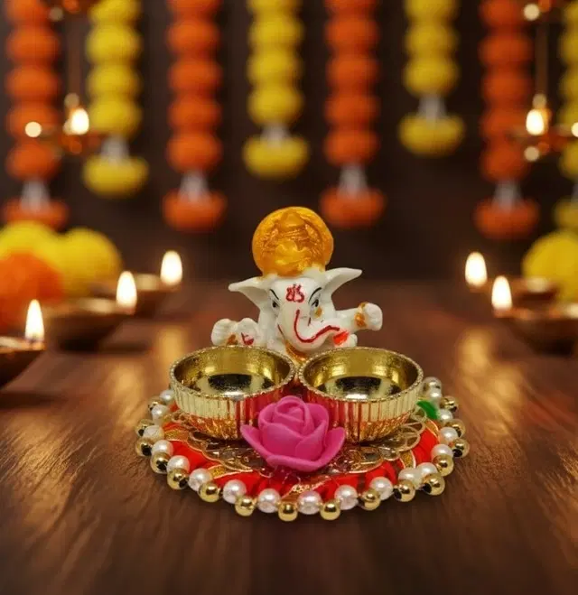 Metal Decoretive Pooja Thali, Multicolour Pack of 1