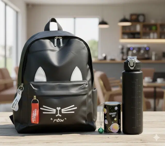 Polyester Backpack with Plastic Water Bottle, Tissue Container for Men & Women, Multicolour, Set of 1