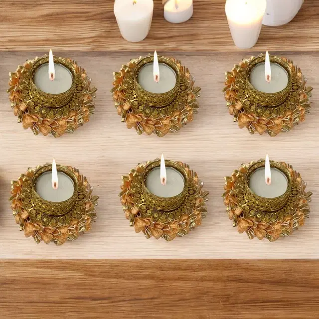 Metal Designer Tealight Candle Holder, Yellow, 7.2x7.2x2.5 cm, Pack of 6
