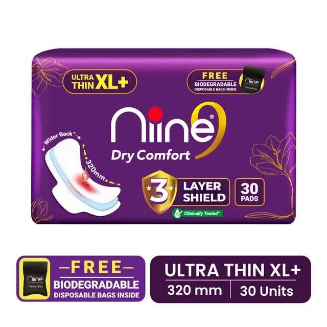 Niine Dry Comfort Ultra Thin XL+, 30 Pads with Free Biodegradable bags