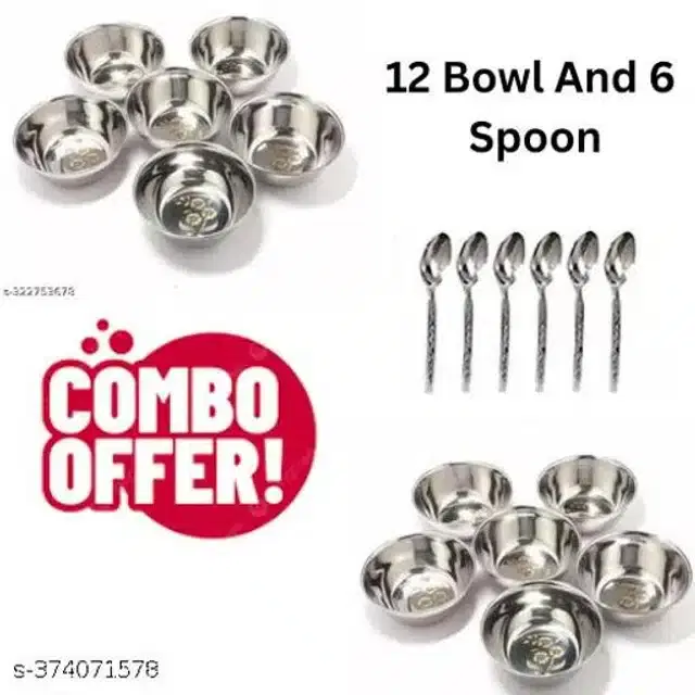 Stainless Steel 12 Pcs Bowls with 6 Pcs Spoon, Silver, Set of 2