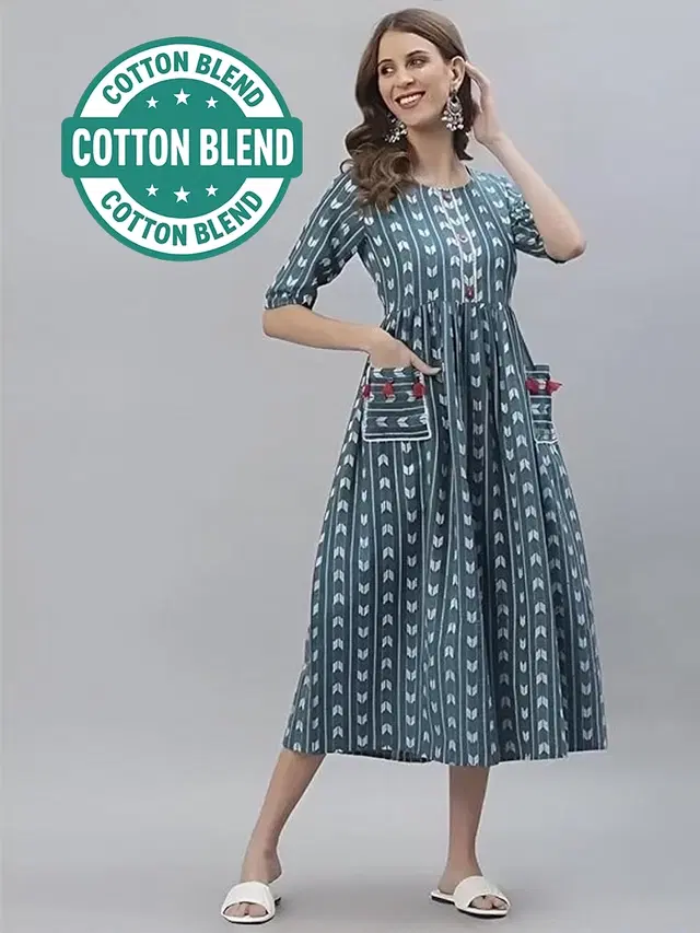 Cotton Printed Anarkali Kurti for Women, Teal (M)
