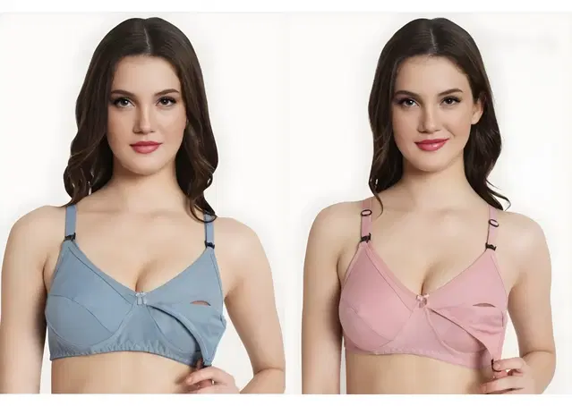 Cotton Blend Solid Non Padded Feeding Bras for Women, Pack of 2 (Multicolor, 44B)