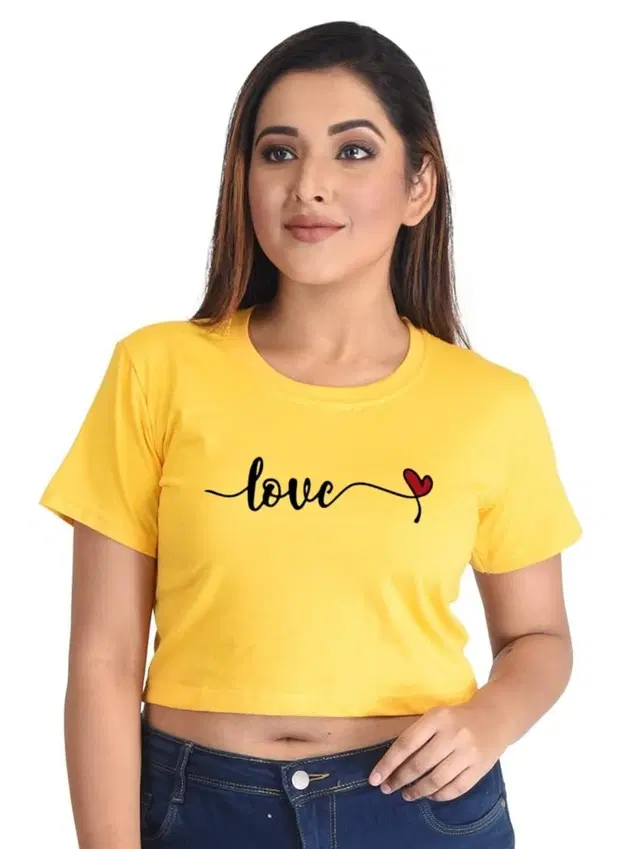 Cotton Blend Printed Tops for Women (Yellow, S)