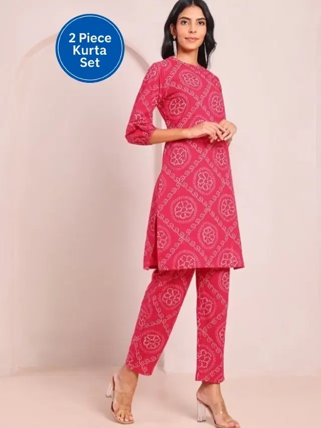 Rayon Printed Women's Kurta with Pant Set, Pink (M)