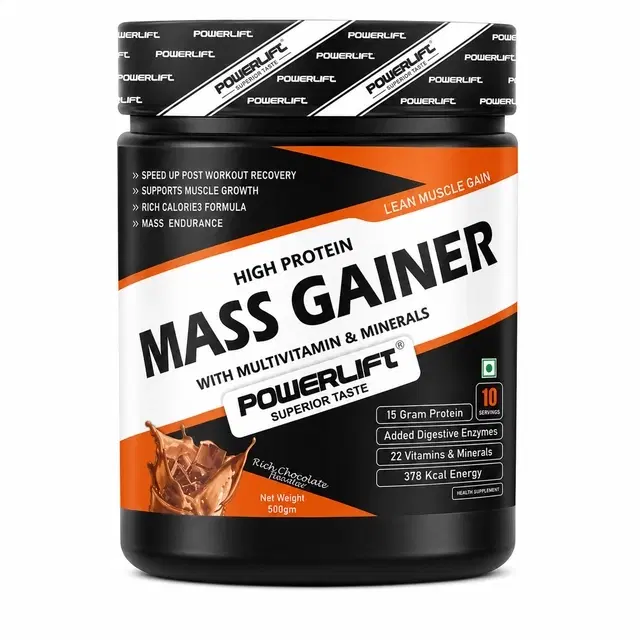 PowerLift Mass Gainer with High Protein, 26 Vitamins & Minerals & Digezyme, Rich Chocolate [500 g]