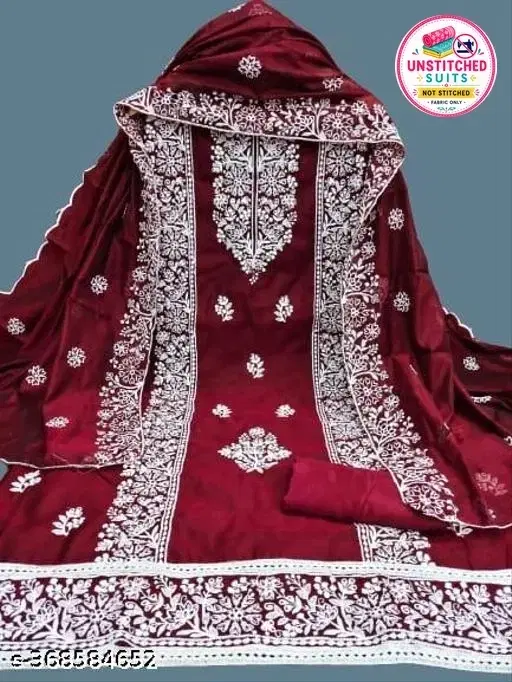 Chanderi Cotton Embroidered Unstitched Suit for Women (Maroon)