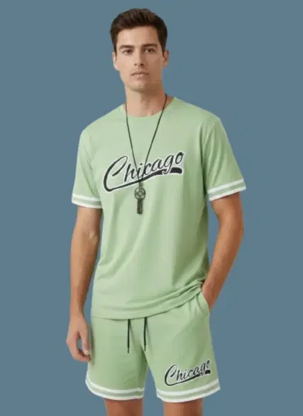 Polyester Chicago Printed T-shirt With Matching Shorts, Green (S)