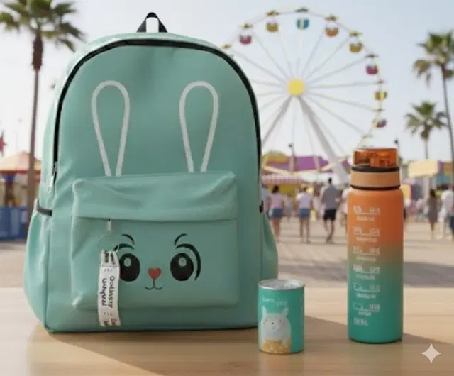 Polyester Backpack with Plastic Water Bottle, Tissue Container for Men & Women, Multicolour, Set of 1