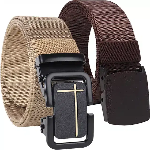 Casual Nylon Belt for Men, Pack of 2 (Cream & Brown)