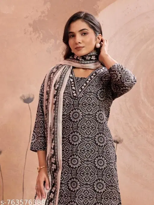 Polyester Printed Kurta With Paint & Dupatta Set for Women, Black & Beige (S)