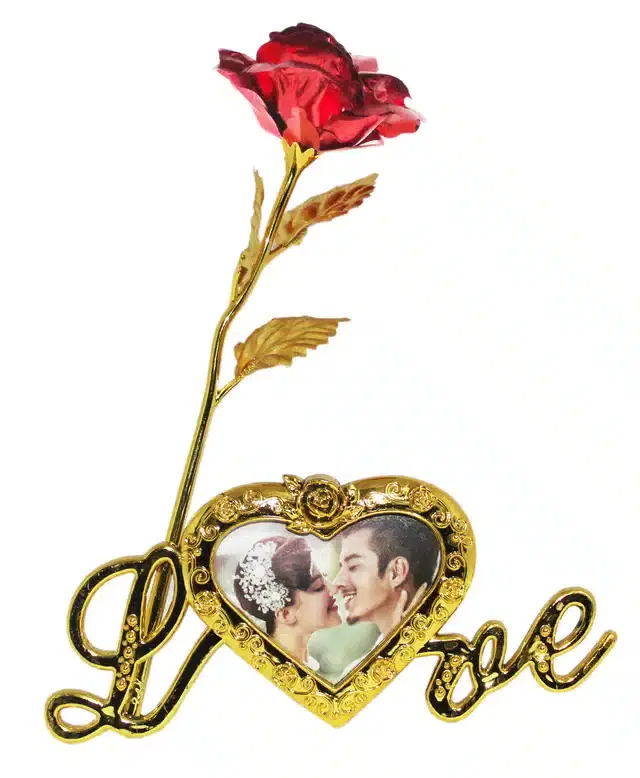 24K Gold Plated Artificial Rose Flower with Photo Frame, Red