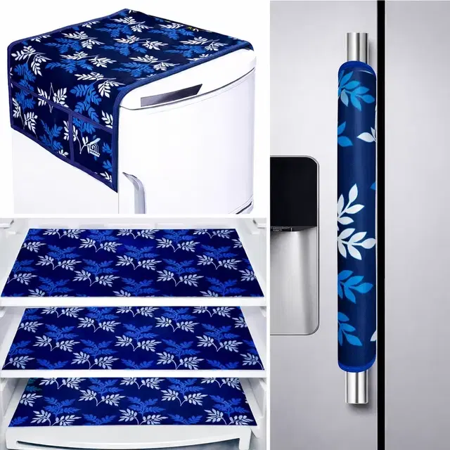 Grover 1 Fridge Top Cover with 1 Handle cover & 3 Placemat (Pack of 5) Blue