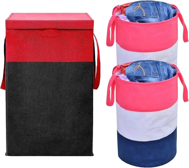 Canvas Laundry Basket,Red & Pink,  (Pack Of 3)