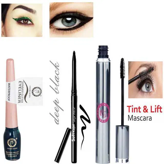 Combo of 1 Colors Queen Waterproof Shimmer Glitter Green Eyeliner & 1 Colors Queen 12 Hours Long Lasting Smudgeproof Waterproof Deep Black Soft Kajal & 1 Colors Queen Brow Tint & Lift Long Lash Waterproof Mascara, 6 ml, R852