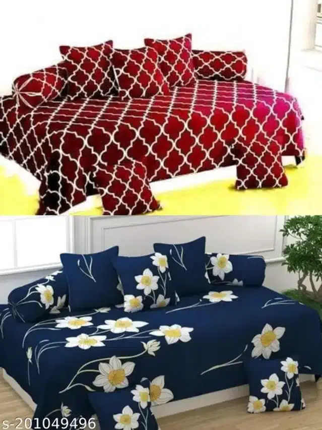 Polycotton Diwan Cover Set, Maroon & Blue, Combo of 2