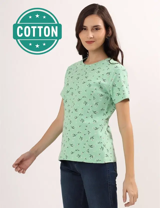 Round Neck Printed T-Shirt for Women, Green (L)