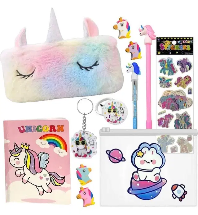 Unicorn Big Super Saver Combo 9 In 1 Items Gift Set - Unicorn Diary, Clear Folder Pouch, Gel Pen - Pencil, 4 Pc Eraser Set, Keychain, Badge, Fur Pouch & Stickers (Pack of 1)