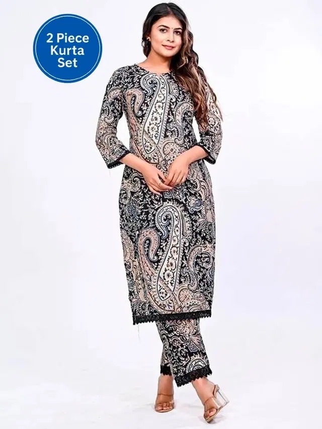 Rayon Printed Women's Kurta with Pant Set, Beige (M)