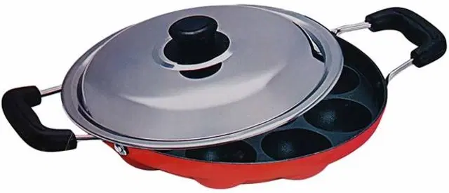 ZODEX 12 Cavities Non Stick Appam Patra with Lid and Side Handle, Multicolor, 21 cm