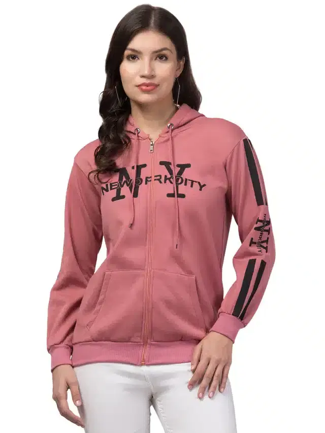 Full Sleeves Printed Hoodie for Women (Pink, M)