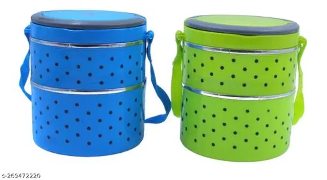 Plastic 2 Layer Lunch Box, Blue & Green, Pack of 2