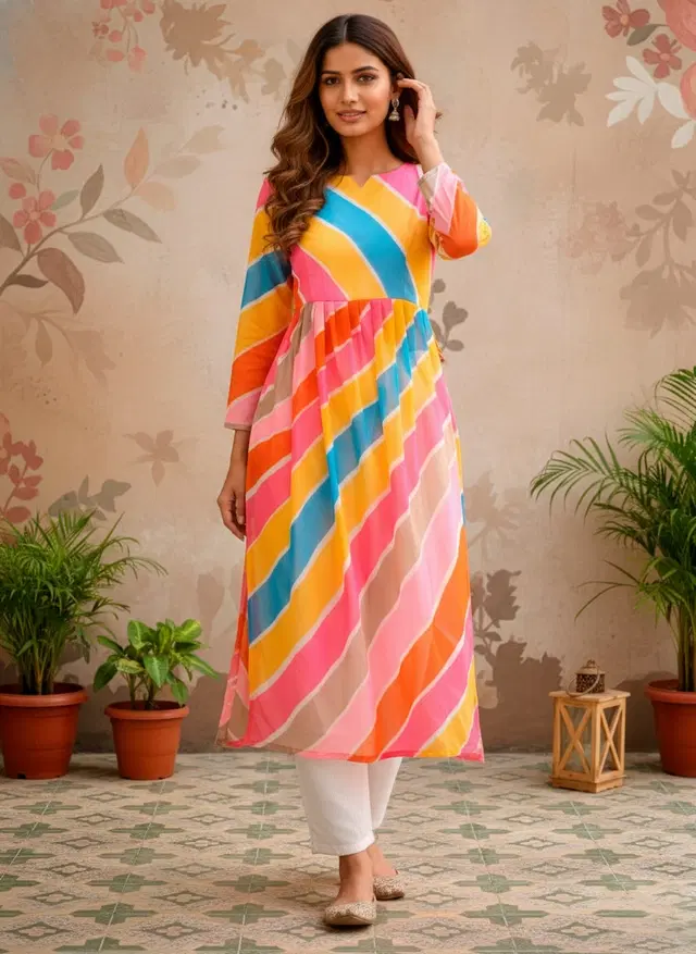 Leheriya Kurti for Women (Multicolor, XS)