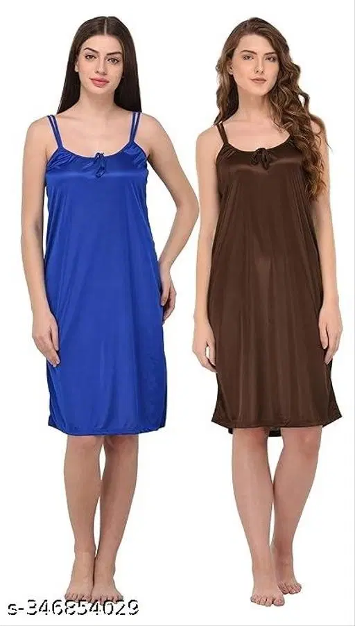 Satin Solid Nightdress for Women, Blue & Brown, Pack of 2 (S)