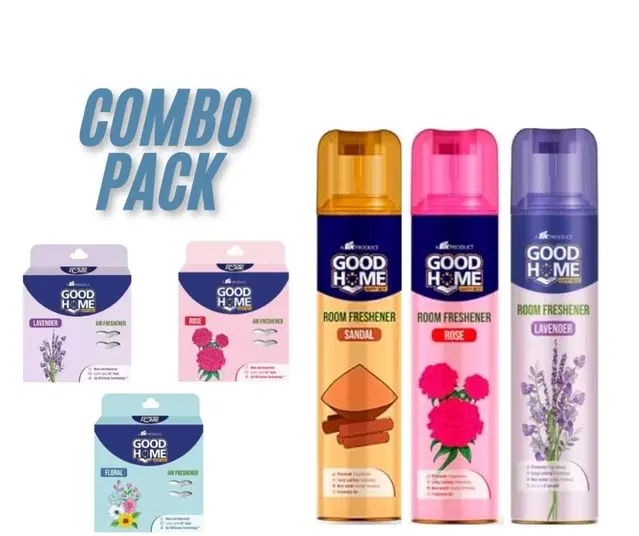 Combo of Goodhome Sandal, Lavender & Rose Room Freshener, 130 g, Pack of 3 with 3 Pcs Free Hanging Sachet, Set of 6