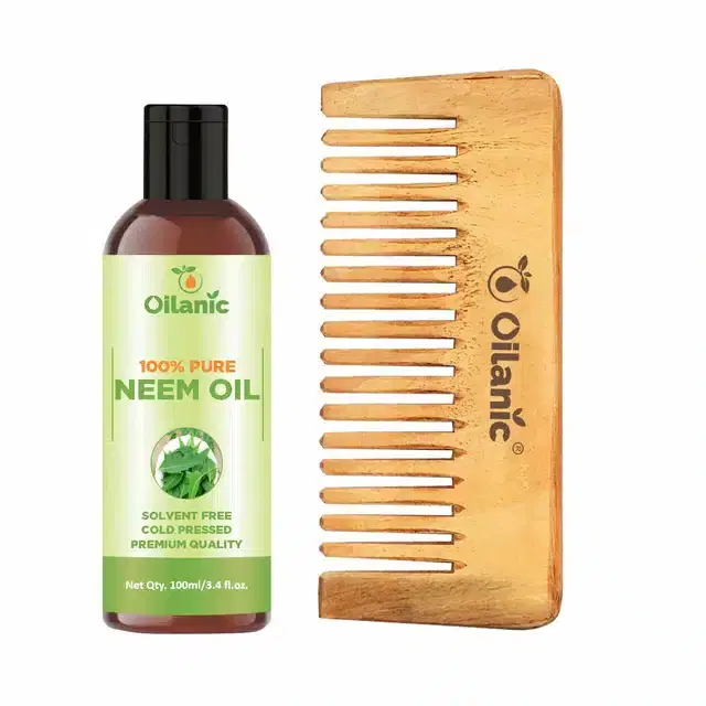 Natural Neem Oil, 100 ml & Herbal Handmade Neem Wooden Comb, 5.5 inches Combo, Pack of 2