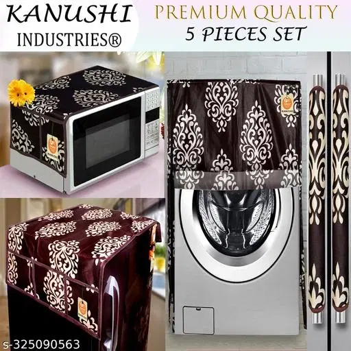 KANUSHI Industries®Fridge/Refrigerator Cove+1 Pc Microwave Cover+1 Front Load Washing Machine Cover+2 Pc Handle Cover(FRI+Micro+W.M-Front+2-HDL-Brown-Floral)…