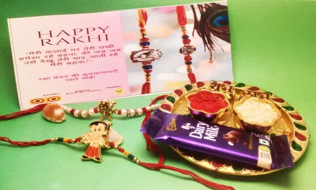 Combo of Metal 2 Pcs Rakhi, Chocolate, 4.5 Inch Plate & Roli Chawal (Multicolor, Set of 1)