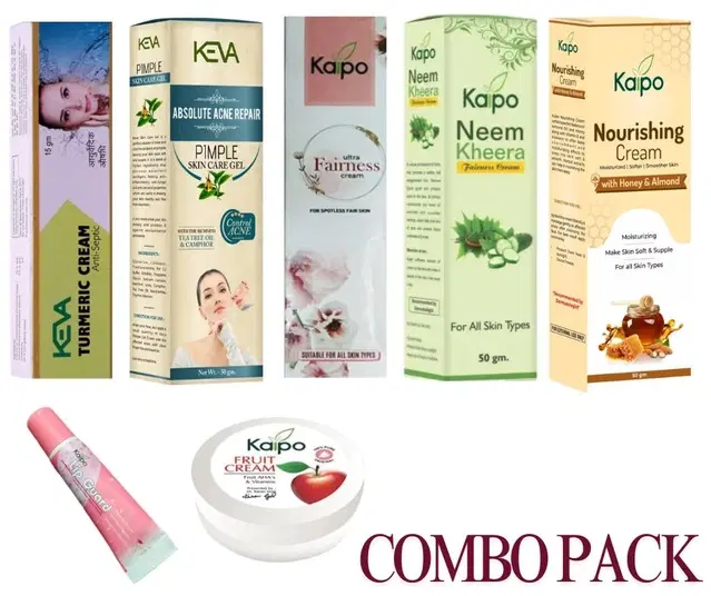 Kaipo Honey Almond Nourishing Cream, 50 g with Ultra Fairness Cream, 50 g, Neem Kheera Fairness Cream, 50 g, Keva Turmeric Cream Enti-Septic, 15 g, Keva Pimple Skin Acne Care Gel, 50 g & Kaipo Fruit Cream, 15 g Kaipo Lip Guard, 10 g, Set of 7