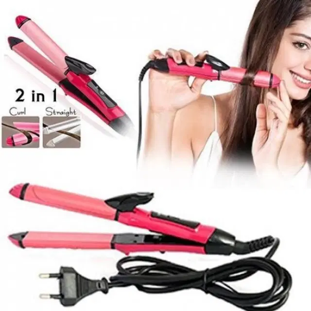 2-in-1 Hair Straightener cum Curler, Pink & Black, 1000 W