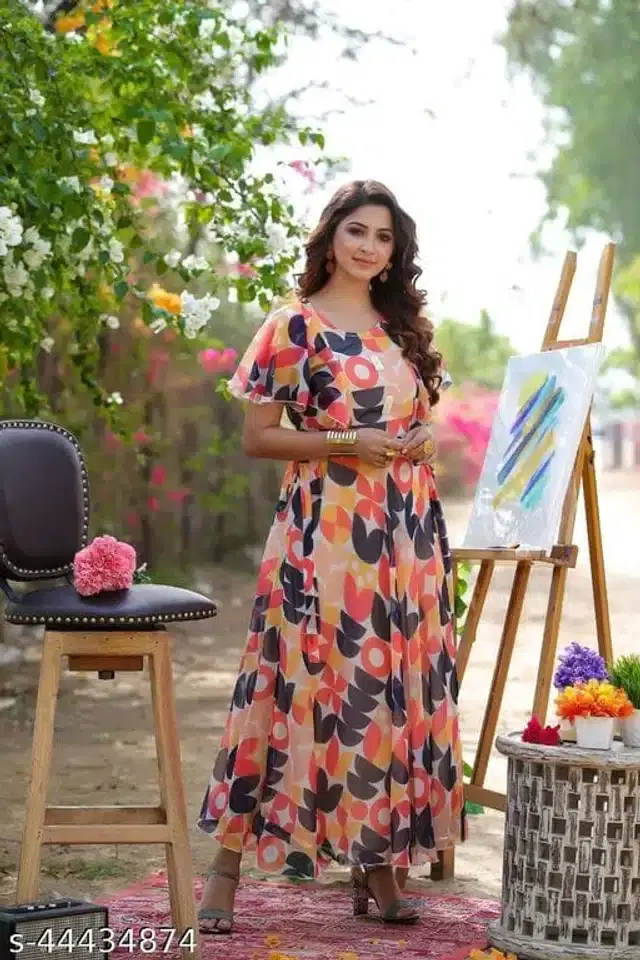 Women's Printed Anarkali Flared Gown (Multicolor, M)