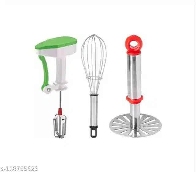 Manual Hand Blender with Masher & Whisk, Multicolor, Set of 3