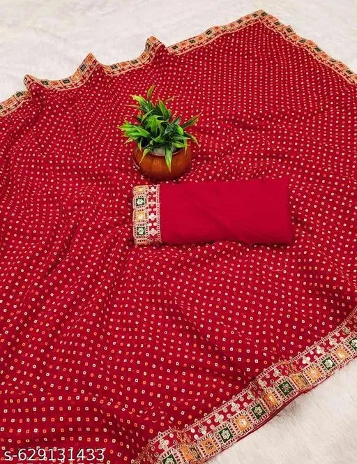 Georgette Solid Saree for Women, Red (6.3 m)