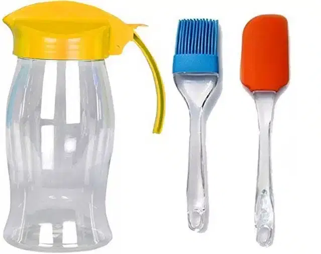 Plastic Leak Proof Oil Storage Container, 1000 ml with Silicone Spatula & Oil Brush, Multicolor, Set of 3
